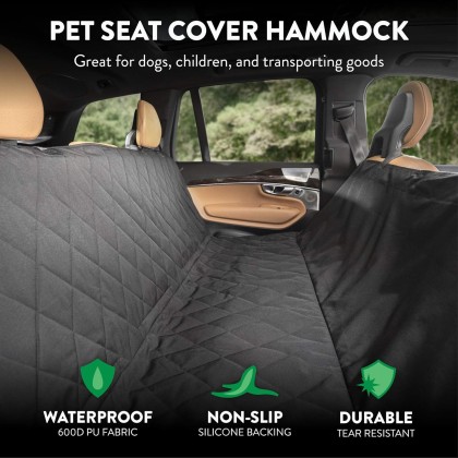 Plush Paws Products Premium Rear Car Seat Protector w/Hammock | Washable & Waterproof Back Seat Dog Cover for Car, Truck, & SUV | Nonslip, Tear Resistant Pet Seat Cover | Regular Black