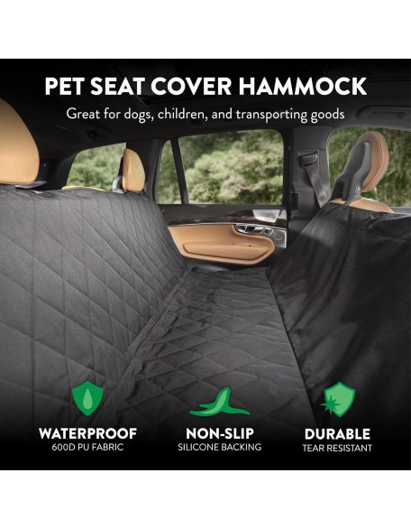 Plush Paws Products Premium Rear Car Seat Protector w/Hammock | Washable & Waterproof Back Seat Dog Cover for Car, Truck, & SUV | Nonslip, Tear Resistant Pet Seat Cover | Regular Black