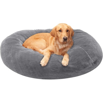 Soft & Cozy Dog Bed for Large Dogs, Refillable w/ Removable Washable Cover & Liner, For Dogs Up to 95 lbs - Plush Faux Fur Bean Bag Style Ball Bed - Gray Mist, XL/Jumbo