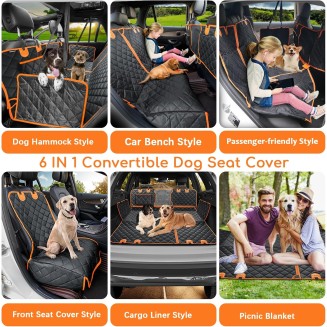 6 in 1 Convertible Dog Car Seat Cover for Back Seat 60/40 Split Dog Seat Cover 100% Waterproof Dog Hammock for Car Nonslip Pet Seat Cover with Mesh Window & Pocket for Cars Trucks and SUVs