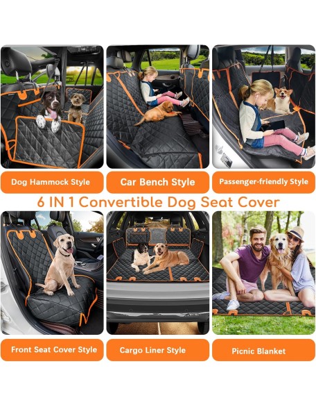 6 in 1 Convertible Dog Car Seat Cover for Back Seat 60/40 Split Dog Seat Cover 100% Waterproof Dog Hammock for Car Nonslip Pet Seat Cover with Mesh Window & Pocket for Cars Trucks and SUVs