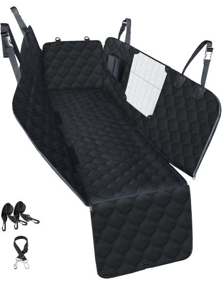 Dog Car Seat Cover with Mesh Window, 100% Waterproof Dog Seat Cover for Back Seat, Scratchproof Dog Hammock for Cars, Trucks, SUVs, Jeeps, Black