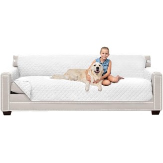 Sofa Shield Couch Slip Cover with Patented Strap, Large Cushion Protector, Reversible Stain and Dog Tear Resistant Slipcover, Quilted Microfiber 88” Seat, Washable Covers for Dogs Pets Kids, White