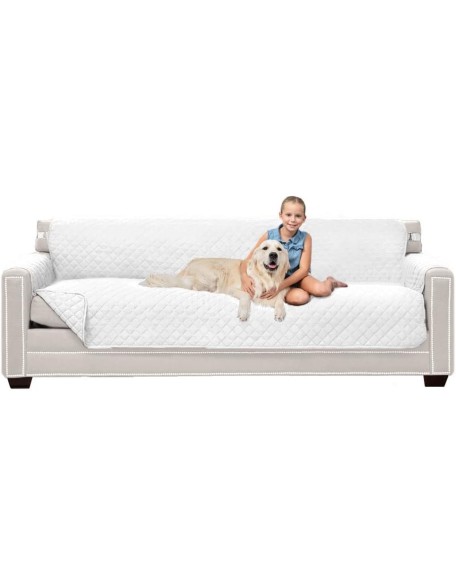 Sofa Shield Couch Slip Cover with Patented Strap, Large Cushion Protector, Reversible Stain and Dog Tear Resistant Slipcover, Quilted Microfiber 88” Seat, Washable Covers for Dogs Pets Kids, White