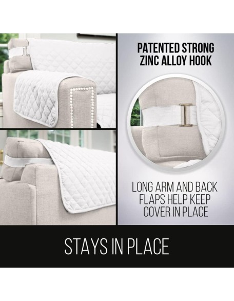 Sofa Shield Couch Slip Cover with Patented Strap, Large Cushion Protector, Reversible Stain and Dog Tear Resistant Slipcover, Quilted Microfiber 88” Seat, Washable Covers for Dogs Pets Kids, White