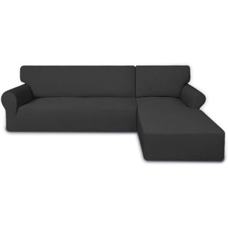 Super Stretch Sectional Couch Covers - 2 pcs Spandex Non Slip, with Elastic Bottom for L Shape Sectional Sofa Couches, Great for Kids & Pets (3 Seat Sofa + 3 Seat Chaise, Dark Gray)