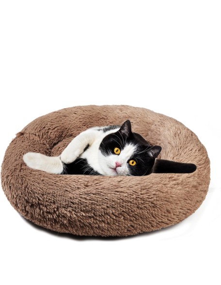  Cat Bed Dog Bed Round Cushion Pet Bed Mat Ultra Soft Plush Donut Sofa Comfortable Pillow Machine Washable Pet Cuddle Beds for Kitten Small Medium Large Dogs Cats 20" Khaki