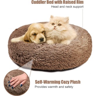  Cat Bed Dog Bed Round Cushion Pet Bed Mat Ultra Soft Plush Donut Sofa Comfortable Pillow Machine Washable Pet Cuddle Beds for Kitten Small Medium Large Dogs Cats 20" Khaki