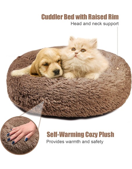  Cat Bed Dog Bed Round Cushion Pet Bed Mat Ultra Soft Plush Donut Sofa Comfortable Pillow Machine Washable Pet Cuddle Beds for Kitten Small Medium Large Dogs Cats 20" Khaki