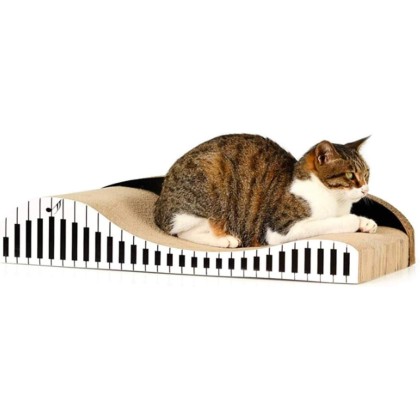 Wave Backrest Shaped Cat Scratcher Pads with Piano Pattern Durable Corrugated Cardboard Scratching Boards, Black