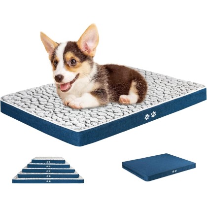 Dog Bed Crate Mat for Small, Medium, Large and Extra Large Cats, Stylish Dog Pad Mattress (Cool & Warm) with Waterproof Linings, Pet Mat with Removable Machine Washable Cover, Grey/Navy