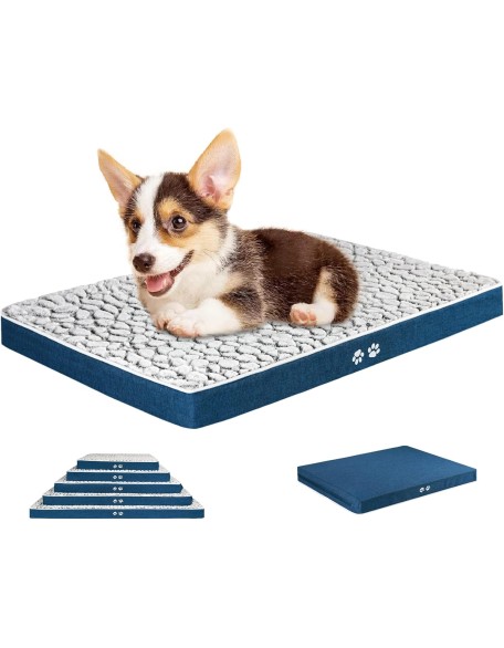 Dog Bed Crate Mat for Small, Medium, Large and Extra Large Cats, Stylish Dog Pad Mattress (Cool & Warm) with Waterproof Linings, Pet Mat with Removable Machine Washable Cover, Grey/Navy