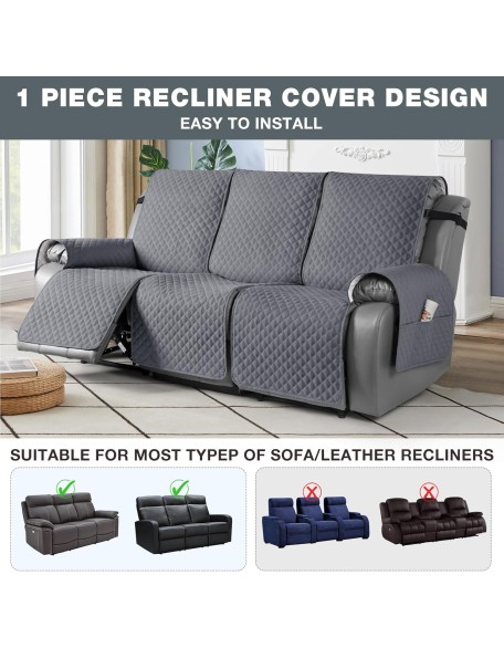 Anti-Slip Recliner Sofa Cover Couch Covers for Leather Recliner Sofa, Pet Cover for Recliner Sofa, Washable Reclining Furniture Protector with Elastic Straps(3 Seater, Dark Grey)