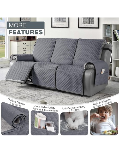 Anti-Slip Recliner Sofa Cover Couch Covers for Leather Recliner Sofa, Pet Cover for Recliner Sofa, Washable Reclining Furniture Protector with Elastic Straps(3 Seater, Dark Grey)