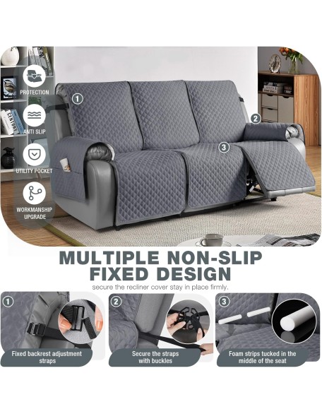 Anti-Slip Recliner Sofa Cover Couch Covers for Leather Recliner Sofa, Pet Cover for Recliner Sofa, Washable Reclining Furniture Protector with Elastic Straps(3 Seater, Dark Grey)