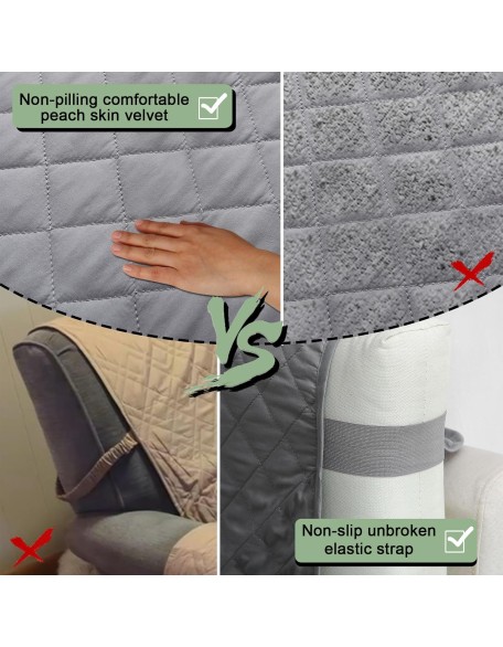 Waterproof Couch Cover 4 Seater Washable Reversible Quilted 88" Seat Width Sofa Slipcover Furniture Protector with Durable Elastic Straps for Kids Dogs Pets Gray/Light Gray