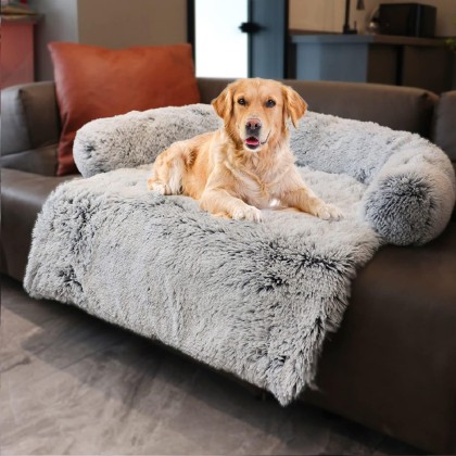 Waterproof Calming Dog Bed, Pet Couch Protector Plush Dog Mat Dog Sofa, Pet Furniture Cover with Soft Neck Bolster, Machine Washable Silver Gray Large