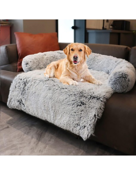 Waterproof Calming Dog Bed, Pet Couch Protector Plush Dog Mat Dog Sofa, Pet Furniture Cover with Soft Neck Bolster, Machine Washable Silver Gray Large