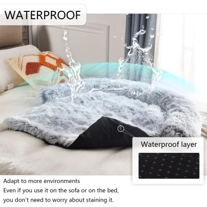 Waterproof Calming Dog Bed, Pet Couch Protector Plush Dog Mat Dog Sofa, Pet Furniture Cover with Soft Neck Bolster, Machine Washable Silver Gray Large