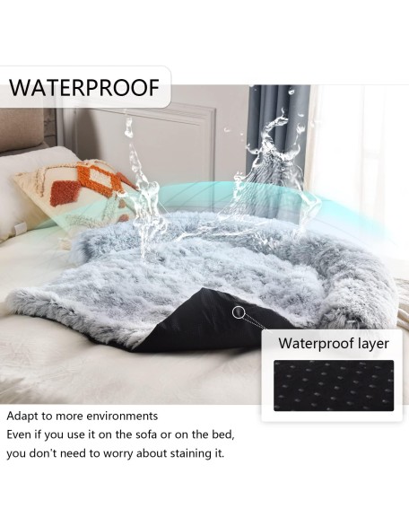 Waterproof Calming Dog Bed, Pet Couch Protector Plush Dog Mat Dog Sofa, Pet Furniture Cover with Soft Neck Bolster, Machine Washable Silver Gray Large