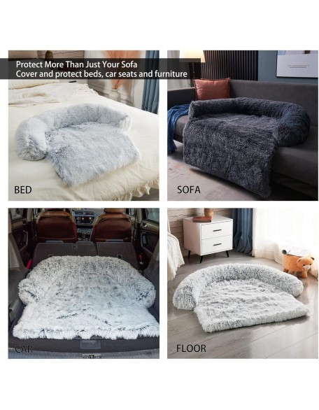 Waterproof Calming Dog Bed, Pet Couch Protector Plush Dog Mat Dog Sofa, Pet Furniture Cover with Soft Neck Bolster, Machine Washable Silver Gray Large