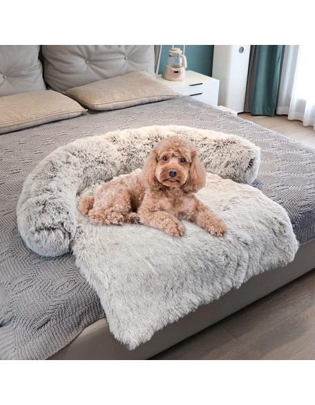 Waterproof Calming Dog Bed, Pet Couch Protector Plush Dog Mat Dog Sofa, Pet Furniture Cover with Soft Neck Bolster, Machine Washable Silver Gray Large