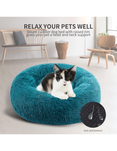 Cat Bed, Small Dog Bed, Round Donut Washable Plush Fluffy Faux Fur Soft Cushion Beds for Indoor Pets