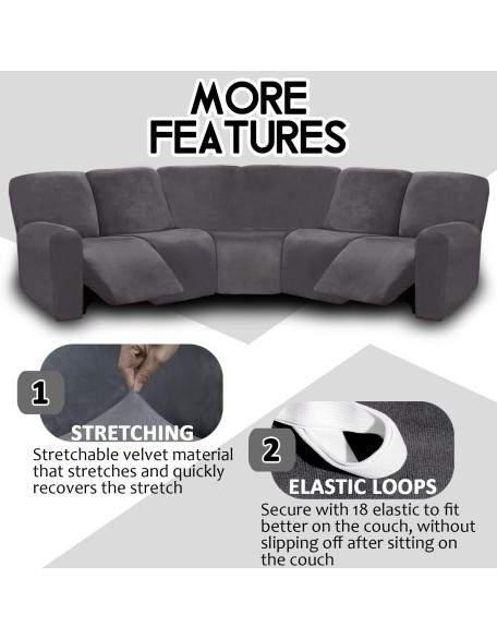 7-Piece Sectional Sofa Covers, Velvet Stretch Reclining Couch Covers for Reclining L Shape Sofa, Thick, Soft, Washable (Dark Grey, 5 Seat Recliner Cover)