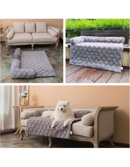 Sofsafe Calming Dog Bed Pet Couch Protector Cat Plush Mats with Removable Washable Cover,Furniture Sofa Cushion with Soft Neck Bolster (X-Large 45", Grey)