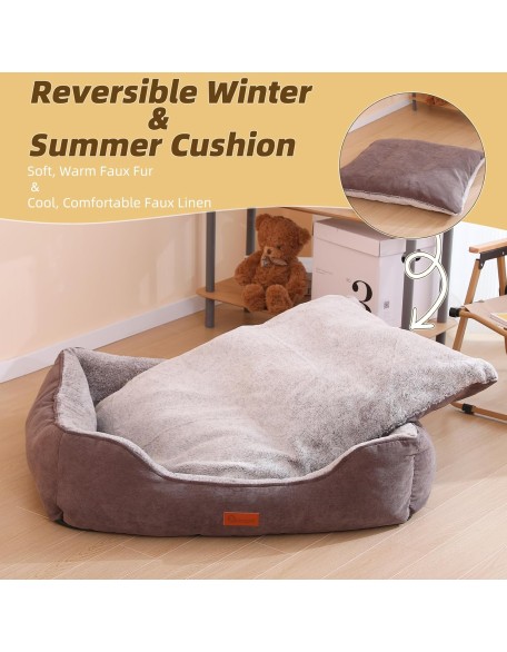 Dog Bed Medium Size Dog Sofa Bed with Reversible Cushion Washable Dog Bed with Removable Cover Large Dog Bed Calming Dog Bed Anti-Slip Bottom, 29.5"x 23.6", Brown