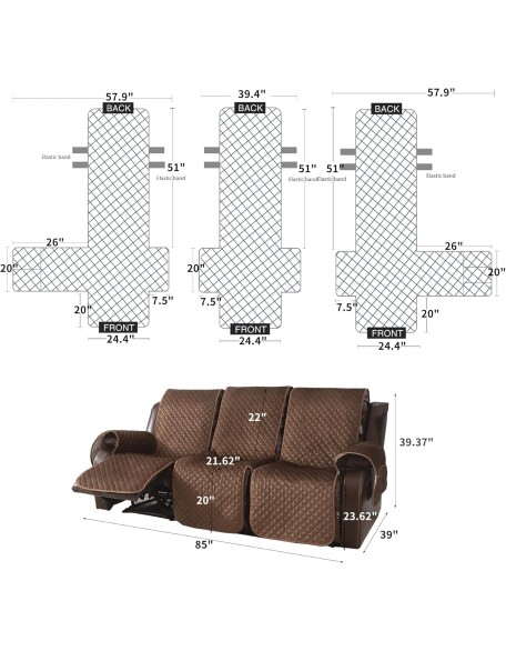 Non Slip Recliner Sofa Covers,Velvet Waterproof Recliner Couch Covers for 3 seat,Washable Reclining Couch Cover Furniture Protector for Dogs,Pets (Brown, 3 Seater)