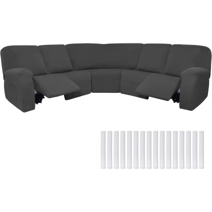 7 Pcs L Shape Sectional Recliner Sofa Covers 5 Seat Sectional Couch Covers Milk Silk Velvet Stretch Reclining Sofa Cover Sofa Slipcover Furniture Protector for Room (Dark Gray,Milk Silk)