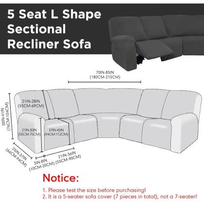 7 Pcs L Shape Sectional Recliner Sofa Covers 5 Seat Sectional Couch Covers Milk Silk Velvet Stretch Reclining Sofa Cover Sofa Slipcover Furniture Protector for Room (Dark Gray,Milk Silk)