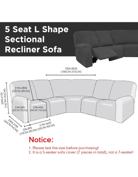 7 Pcs L Shape Sectional Recliner Sofa Covers 5 Seat Sectional Couch Covers Milk Silk Velvet Stretch Reclining Sofa Cover Sofa Slipcover Furniture Protector for Room (Dark Gray,Milk Silk)