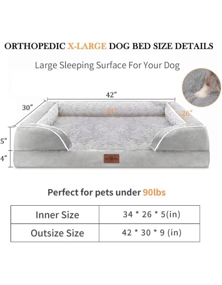 XL Dog Bed Waterproof, Extra Large Dog Beds Orthopedic Foam, Large Dog Beds with Bolster, Washable Dog Bed Sofa Pet Bed with Removable Cover & Non-Slip Bottom(X-Large,Grey White)