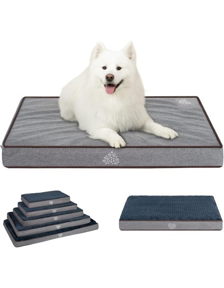 Dog Bed Soft Crate Pad Mat Reversible Cool & Warm, Washable Comfy Kennel Pad with Orthopedic Egg-Crate Foam for Small Medium Large Dogs, Water-Resistant Pet Bed, Gray/Dark Blue