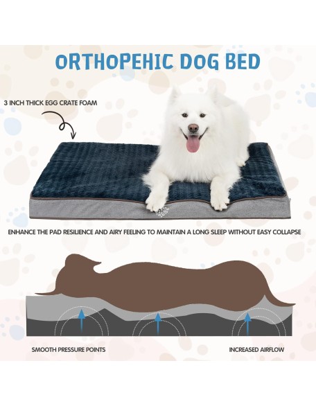 Dog Bed Soft Crate Pad Mat Reversible Cool & Warm, Washable Comfy Kennel Pad with Orthopedic Egg-Crate Foam for Small Medium Large Dogs, Water-Resistant Pet Bed, Gray/Dark Blue