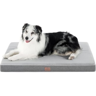 Memory Foam Dog Bed for Large Dogs - Orthopedic Waterproof Dog Bed for Crate with Removable Washable Cover and Nonskid Bottom - Plush Flannel Fleece Top Pet Bed, Light Grey