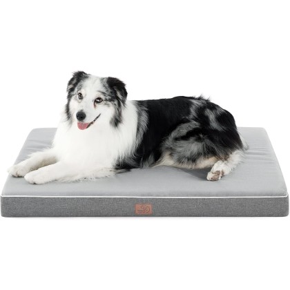 Memory Foam Dog Bed for Large Dogs - Orthopedic Waterproof Dog Bed for Crate with Removable Washable Cover and Nonskid Bottom - Plush Flannel Fleece Top Pet Bed, Light Grey