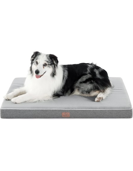 Memory Foam Dog Bed for Large Dogs - Orthopedic Waterproof Dog Bed for Crate with Removable Washable Cover and Nonskid Bottom - Plush Flannel Fleece Top Pet Bed, Light Grey