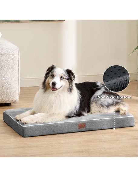 Memory Foam Dog Bed for Large Dogs - Orthopedic Waterproof Dog Bed for Crate with Removable Washable Cover and Nonskid Bottom - Plush Flannel Fleece Top Pet Bed, Light Grey