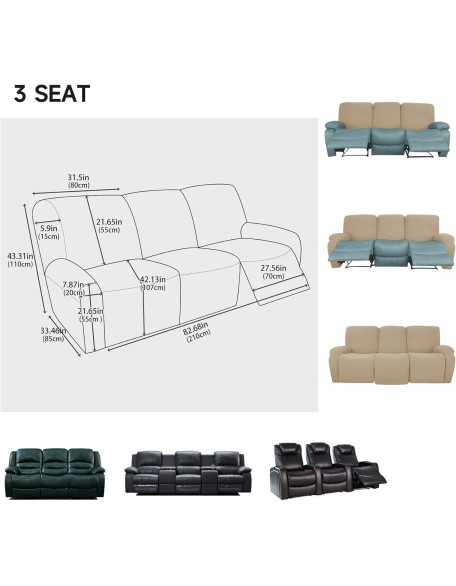 8 Pieces Waterproof Faux PU Leather Recliner Sofa Covers Stretch Soft 3 Seats Couch Cover Anti-Slip Sofa Slipcover Furniture Protector with Elastic Bottom for Kids Pet(Dark Coffee,3 Seat)