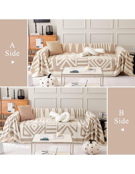  Boho Chenille Couch Cover Chic Geometric Sofa Slipcover 1 Piece Non Slip Furniture Protector White Cream Beige Tan Khaki Triangle Plaid Sofa Cover for Dog Cat Kids Soft Furniture Protector