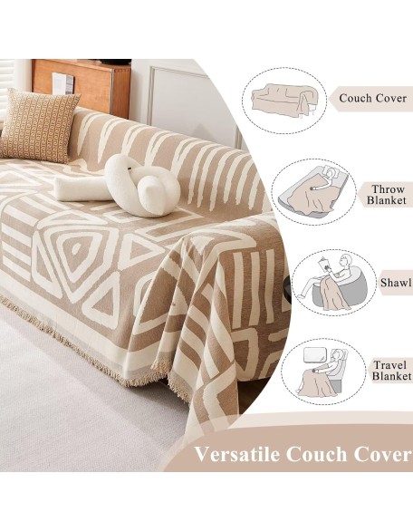  Boho Chenille Couch Cover Chic Geometric Sofa Slipcover 1 Piece Non Slip Furniture Protector White Cream Beige Tan Khaki Triangle Plaid Sofa Cover for Dog Cat Kids Soft Furniture Protector