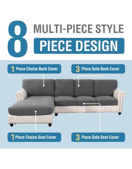 2024 New Sectional Couch Covers 8 Pieces Stretch Sofa Covers for Sectional Sofa Set Separate L Shaped Couch Cover for Both Left/Right Couch (Seat and Back: 1 Chaise + 3 Sofa, Grey)