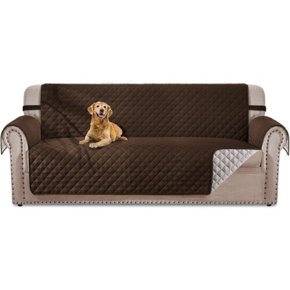 4 Seater Sofa Slipcover Reversible Couch Cover Dog Couch Cover Protector with Elastic Straps Enduring Sofa Covers for 4 Cushion Couch (4 Seater Sofa, Chocolate/Beige)