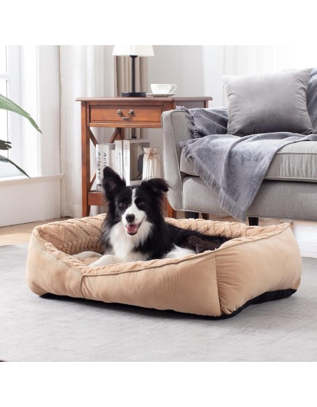 Rectangle Dog Bed for Medium Large Dogs Machine Washable Sleeping Sofa Non-Slip Bottom Cat Beds for Indoor Cats Warming Soft Calming Sleeping Puppy Bed Sturdy Pet Bed (M (30"x 24"x 9"), Brown)