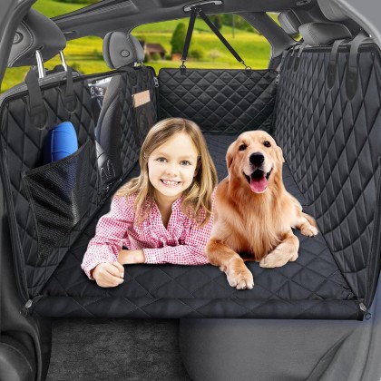 Back Seat Extender for Dogs, Dog Car Seat Cover with Hard Bottom Dog Car Seat Bed Waterproof Dog Hammock for Car Pet Backseat Protector with Mesh Window and Storage Pocket for Car, SUV