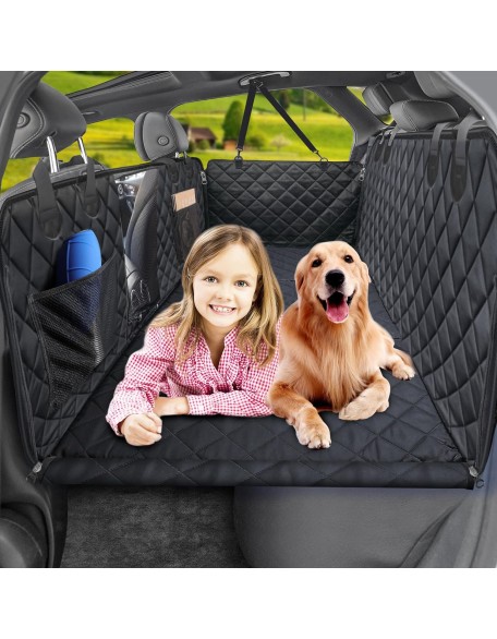 Back Seat Extender for Dogs, Dog Car Seat Cover with Hard Bottom Dog Car Seat Bed Waterproof Dog Hammock for Car Pet Backseat Protector with Mesh Window and Storage Pocket for Car, SUV