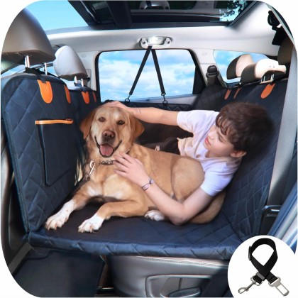 Large Backseat Cover for Dogs. Car Seat Extender with Hard Reinforced Bottom & Mesh. Heavy Duty Hammock. Large Side Flaps- Full Car/SUV Protection- Doors, Backseat & Floor. Waterproof, Washable.